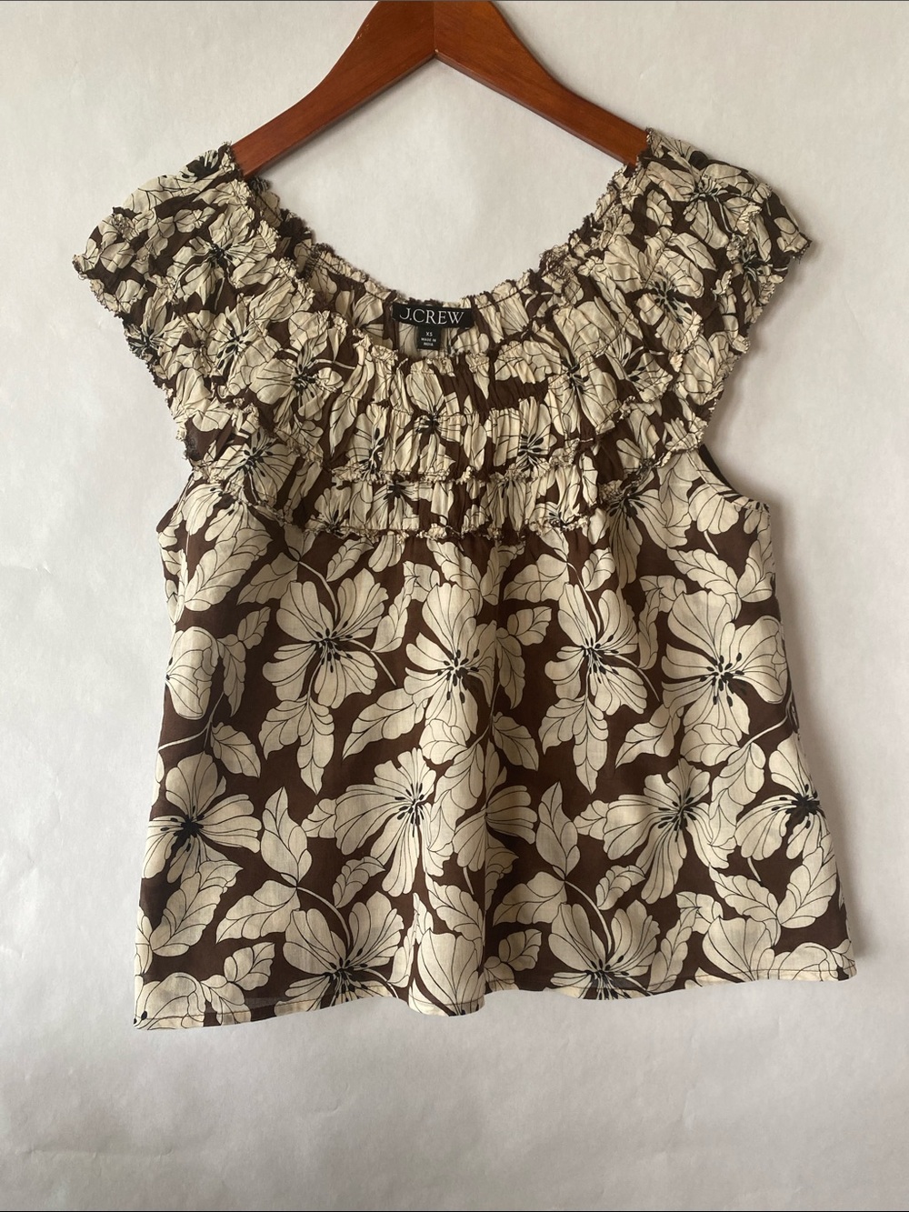J. Crew Brown and Cream Floral Smocked Neck Camisole